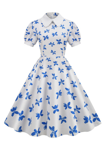 Estampado Branco Mangas Curtas Vestido Vintage